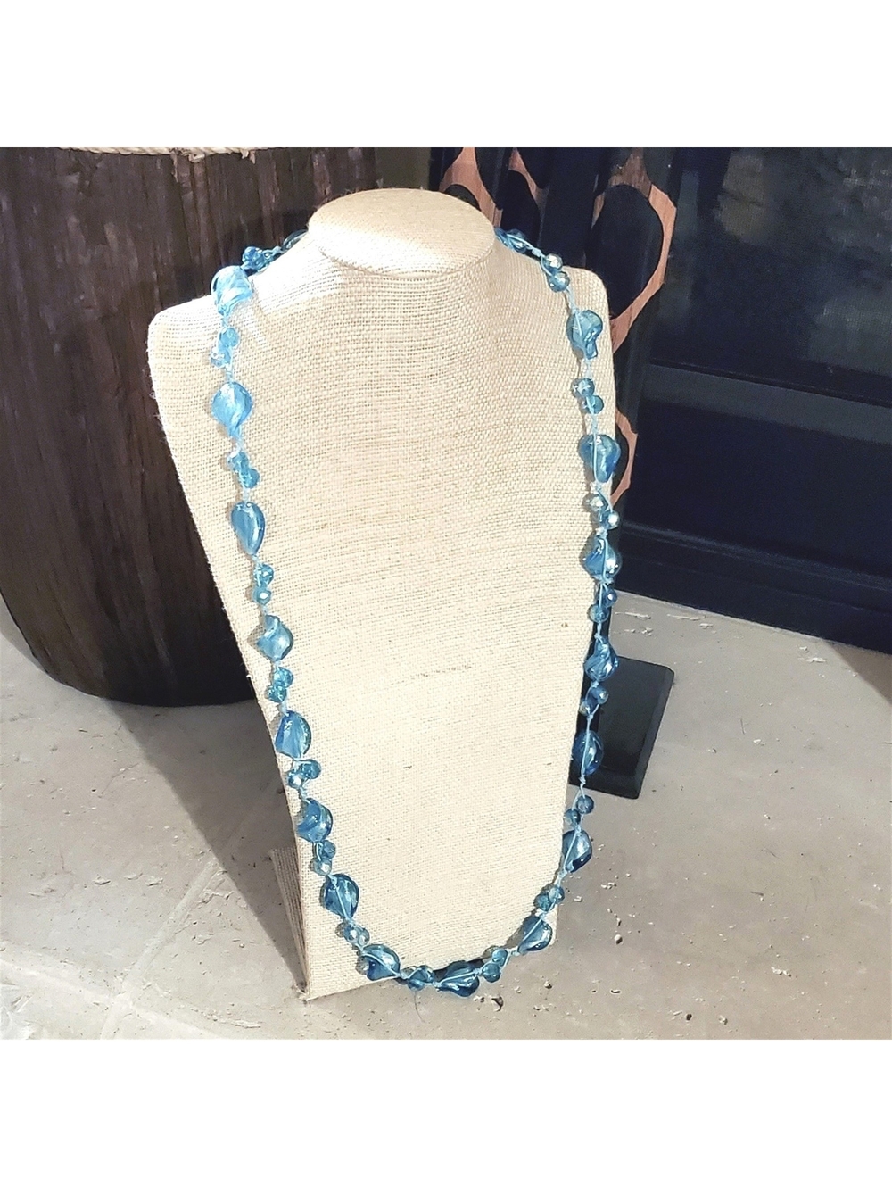 Handcrafted Blue Silver Foil Lampwork Glass Beads Long Knotted Cord Necklace